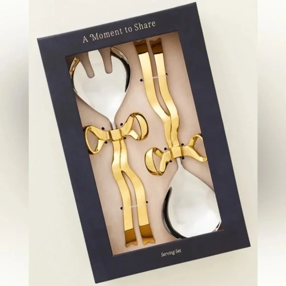 New Anthropologie Home Decor Benedita Stainless Steel Gold Bow Serve Set
